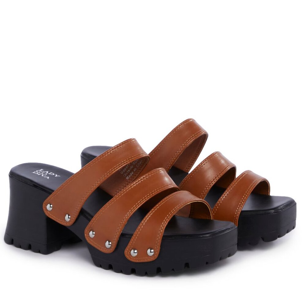 Dolls Kill Lady Go Diva Size 10 Brown Strappy Slip On Platform Sandals NEW Vegan